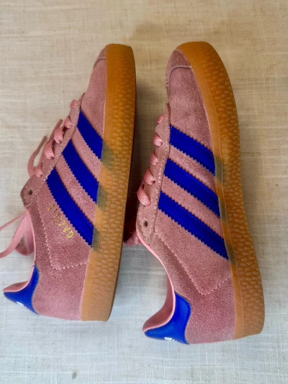 adidas Kids Pink Gazelle Suede Sneakers with Blue Stripes